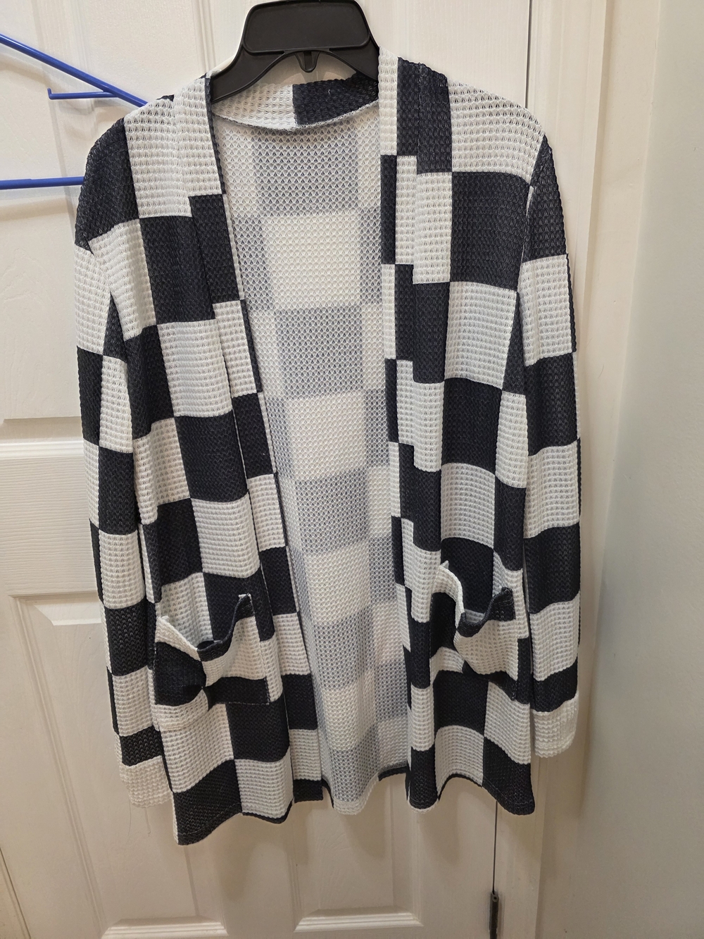 Open-Front Black and White Check Knit Cardigan